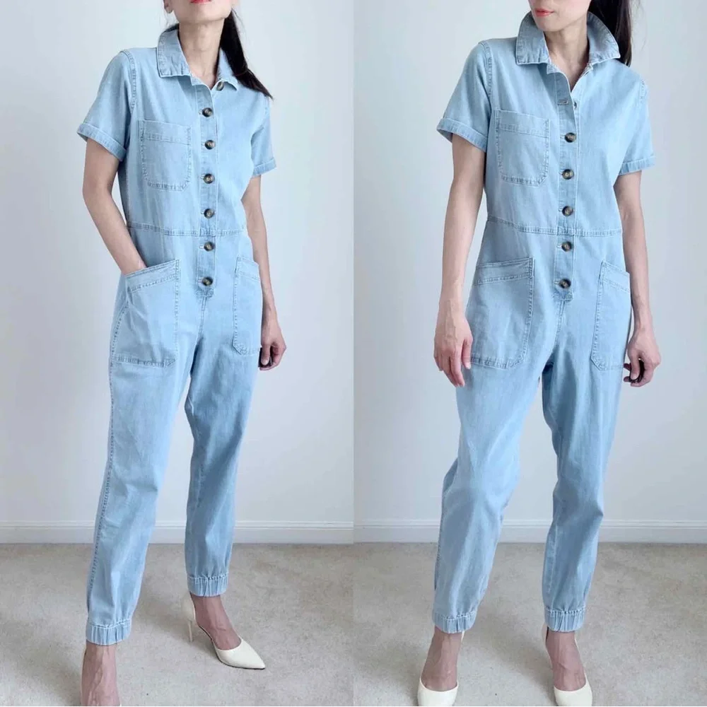 DENIM COLLAR BUTTON DOWN JUMPSUIT - WITH POCKETS AND BUTTON DOWN - Picture 6 of 9